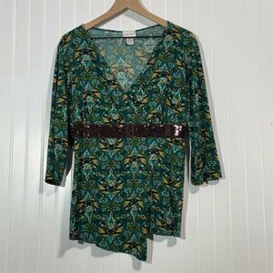 Fashion Bug Plus 18/20‎ Top Green Baroque Print Sequin Waist Surplice Asym Hem